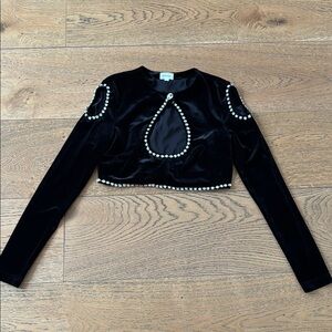 Song of Style Black Velvet-Embellished Long Sleeve Crop Top